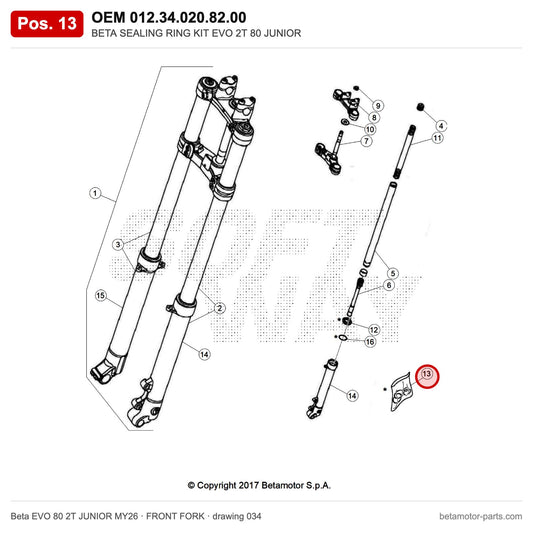 BETA SEALING RING KIT EVO 2T 80 JUNIOR – OEM 012.34.020.82.00, position 13 on the Beta EVO 80 2T JUNIOR MY26 front fork drawing