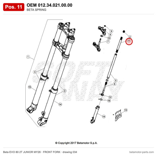 BETA SPRING – OEM 012.34.021.00.00, position 11 on the Beta EVO 80 2T JUNIOR MY26 front fork drawing