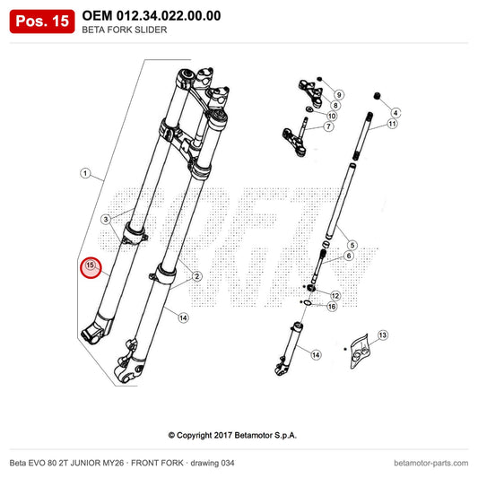 BETA FORK SLIDER – OEM 012.34.022.00.00, position 15 on the Beta EVO 80 2T JUNIOR MY26 front fork drawing