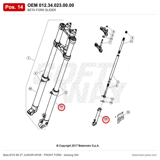 BETA FORK SLIDER – OEM 012.34.023.00.00, position 14 on the Beta EVO 80 2T JUNIOR MY26 front fork drawing