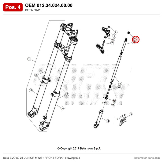 BETA CAP – OEM 012.34.024.00.00, position 4 on the Beta EVO 80 2T JUNIOR MY26 front fork drawing