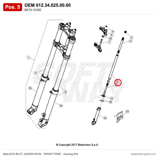 BETA HOSE – OEM 012.34.025.00.00, position 5 on the Beta EVO 80 2T JUNIOR MY26 front fork drawing