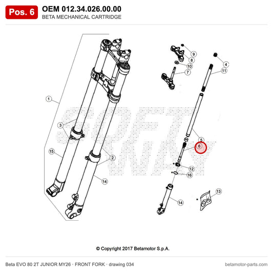 BETA MECHANICAL CARTRIDGE – OEM 012.34.026.00.00, position 6 on the Beta EVO 80 2T JUNIOR MY26 front fork drawing