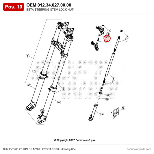 BETA STEERING STEM LOCK NUT – OEM 012.34.027.00.00, position 10 on the Beta EVO 80 2T JUNIOR MY26 front fork drawing
