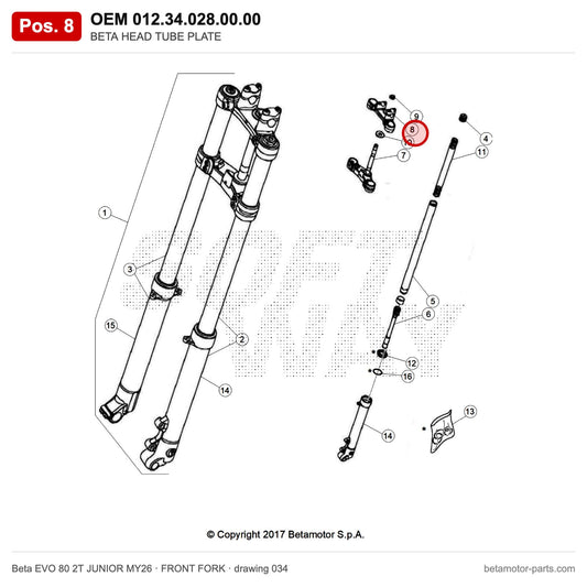 BETA HEAD TUBE PLATE – OEM 012.34.028.00.00, position 8 on the Beta EVO 80 2T JUNIOR MY26 front fork drawing