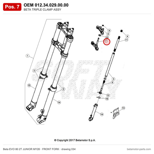 BETA TRIPLE CLAMP ASSY – OEM 012.34.029.00.00, position 7 on the Beta EVO 80 2T JUNIOR MY26 front fork drawing