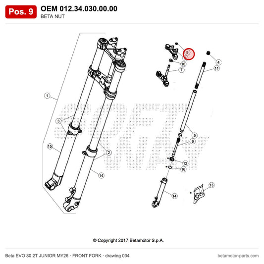 BETA NUT – OEM 012.34.030.00.00, position 9 on the Beta EVO 80 2T JUNIOR MY26 front fork drawing