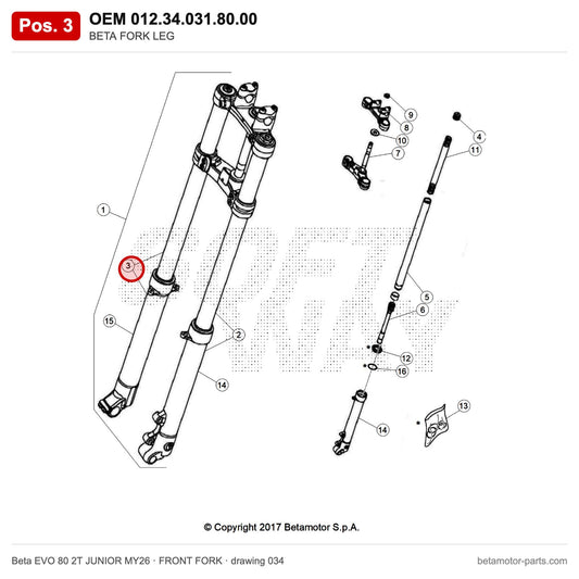 BETA FORK LEG – OEM 012.34.031.80.00, position 3 on the Beta EVO 80 2T JUNIOR MY26 front fork drawing