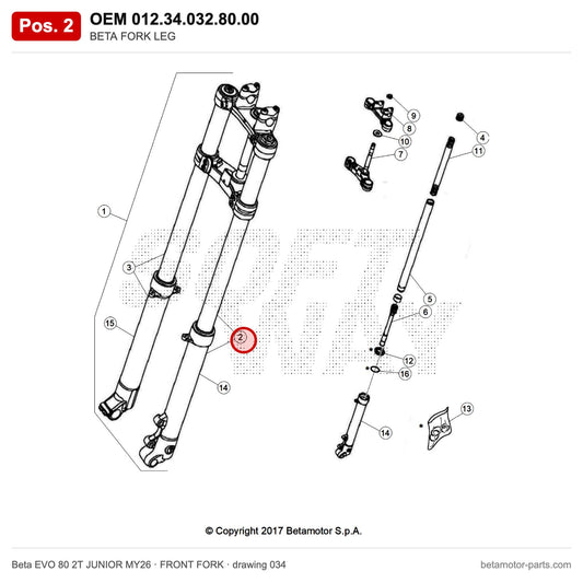BETA FORK LEG – OEM 012.34.032.80.00, position 2 on the Beta EVO 80 2T JUNIOR MY26 front fork drawing
