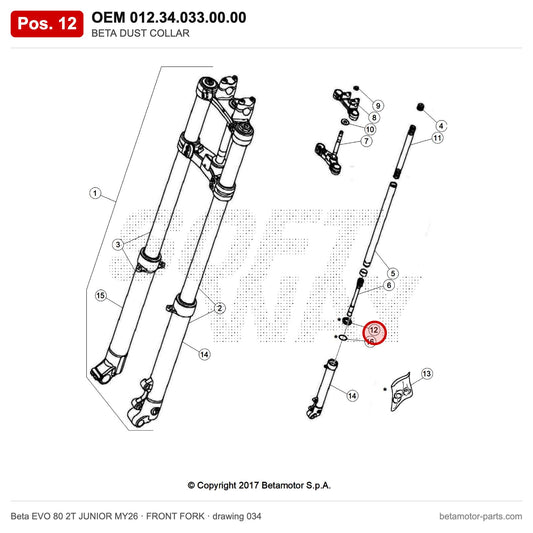 BETA DUST COLLAR – OEM 012.34.033.00.00, position 12 on the Beta EVO 80 2T JUNIOR MY26 front fork drawing