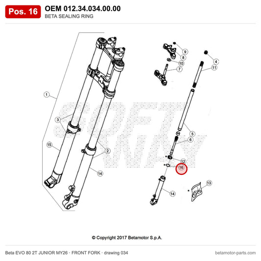 BETA SEALING RING – OEM 012.34.034.00.00, position 16 on the Beta EVO 80 2T JUNIOR MY26 front fork drawing