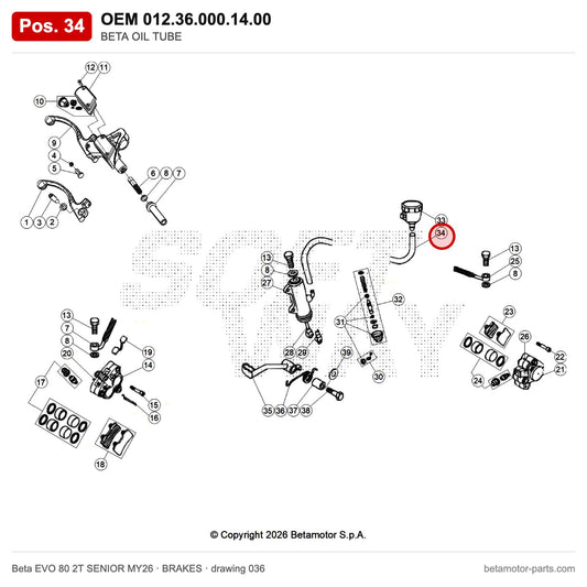 BETA OIL TUBE – OEM 012.36.000.14.00, position 34 on the Beta EVO 80 2T SENIOR MY26 brakes drawing
