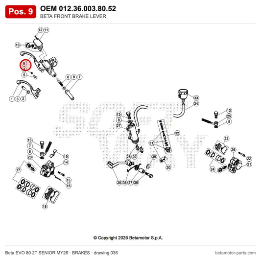 BETA FRONT BRAKE LEVER – OEM 012.36.003.80.52, position 9 on the Beta EVO 80 2T SENIOR MY26 brakes drawing
