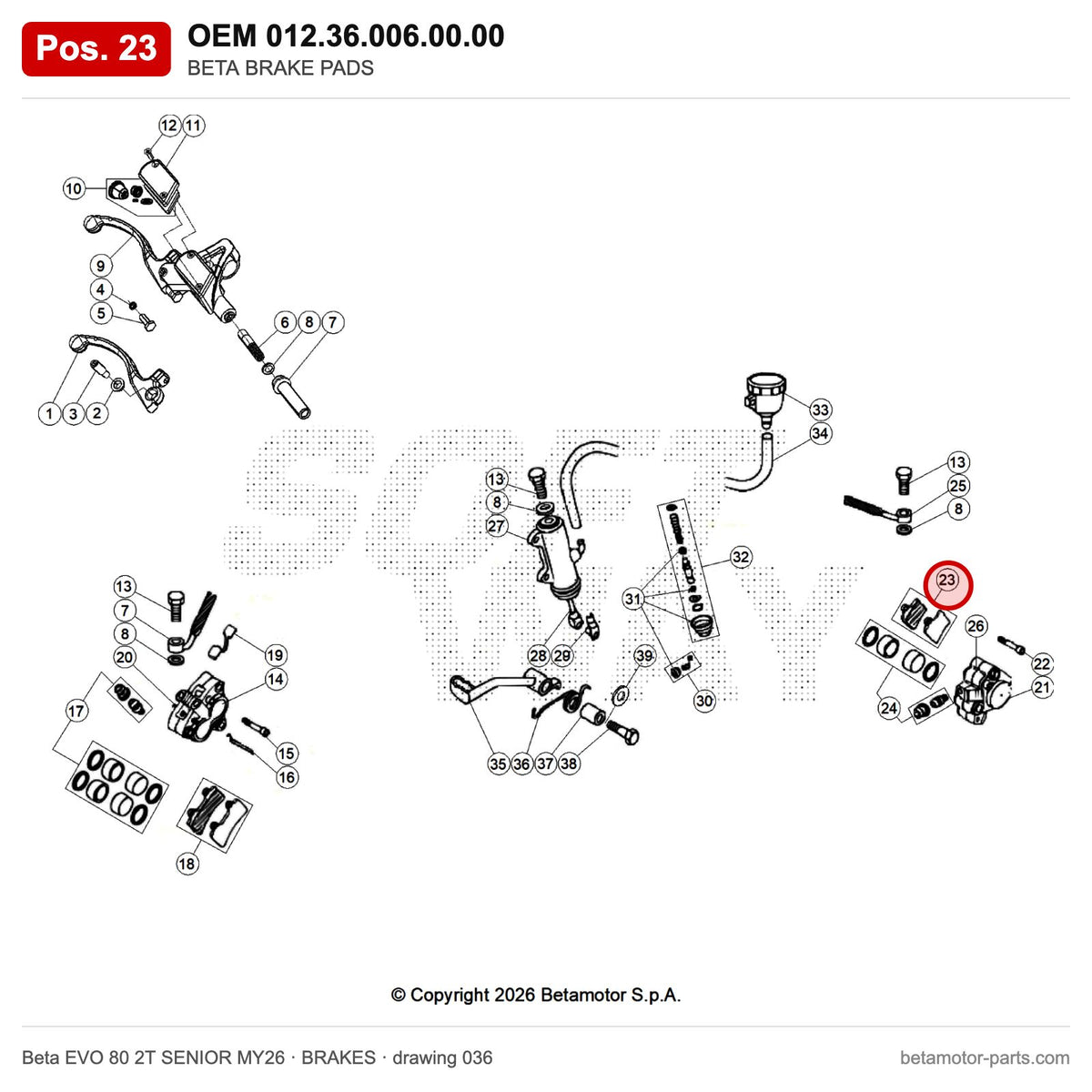 BETA BRAKE PADS – OEM 012.36.006.00.00, position 23 on the Beta EVO 80 2T SENIOR MY26 brakes drawing
