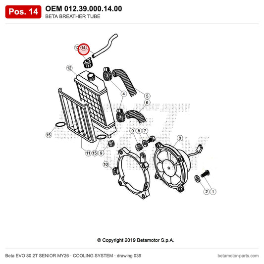 BETA BREATHER TUBE – OEM 012.39.000.14.00, position 14 on the Beta EVO 80 2T SENIOR MY26 cooling system drawing