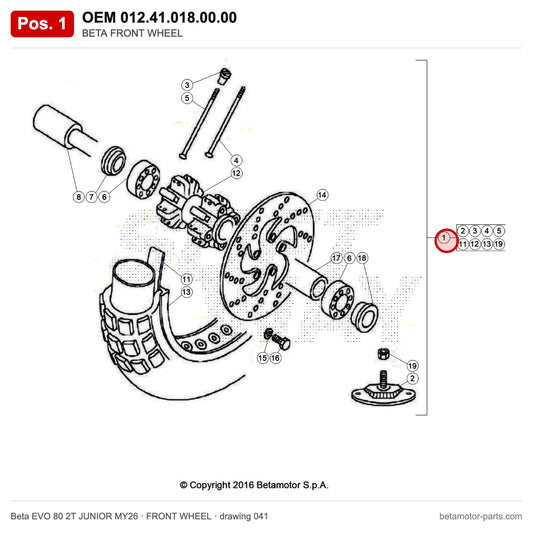 BETA FRONT WHEEL – OEM 012.41.018.00.00, position 1 on the Beta EVO 80 2T JUNIOR MY26 front wheel drawing