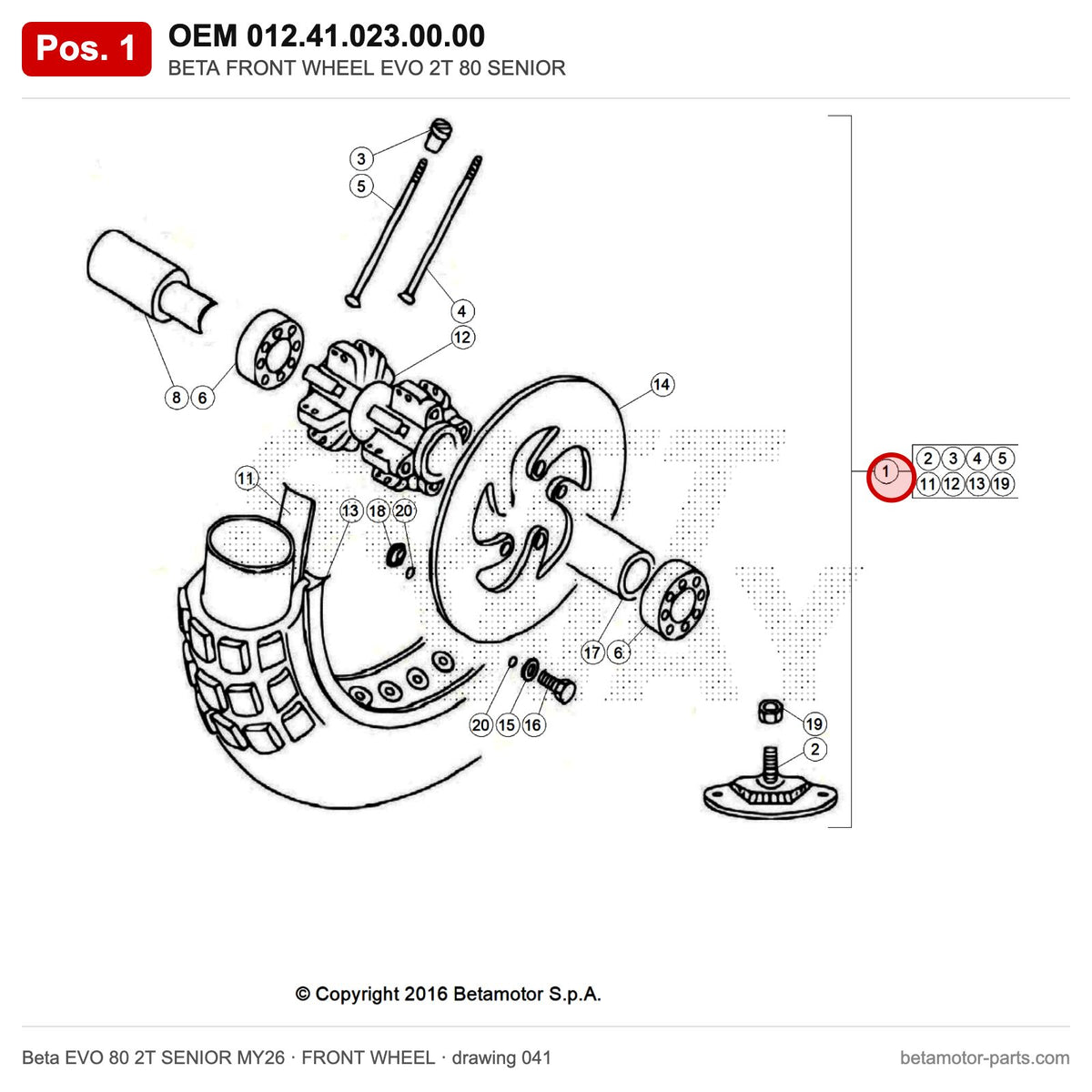 BETA FRONT WHEEL EVO 2T 80 SENIOR – OEM 012.41.023.00.00, position 1 on the Beta EVO 80 2T SENIOR MY26 front wheel drawing