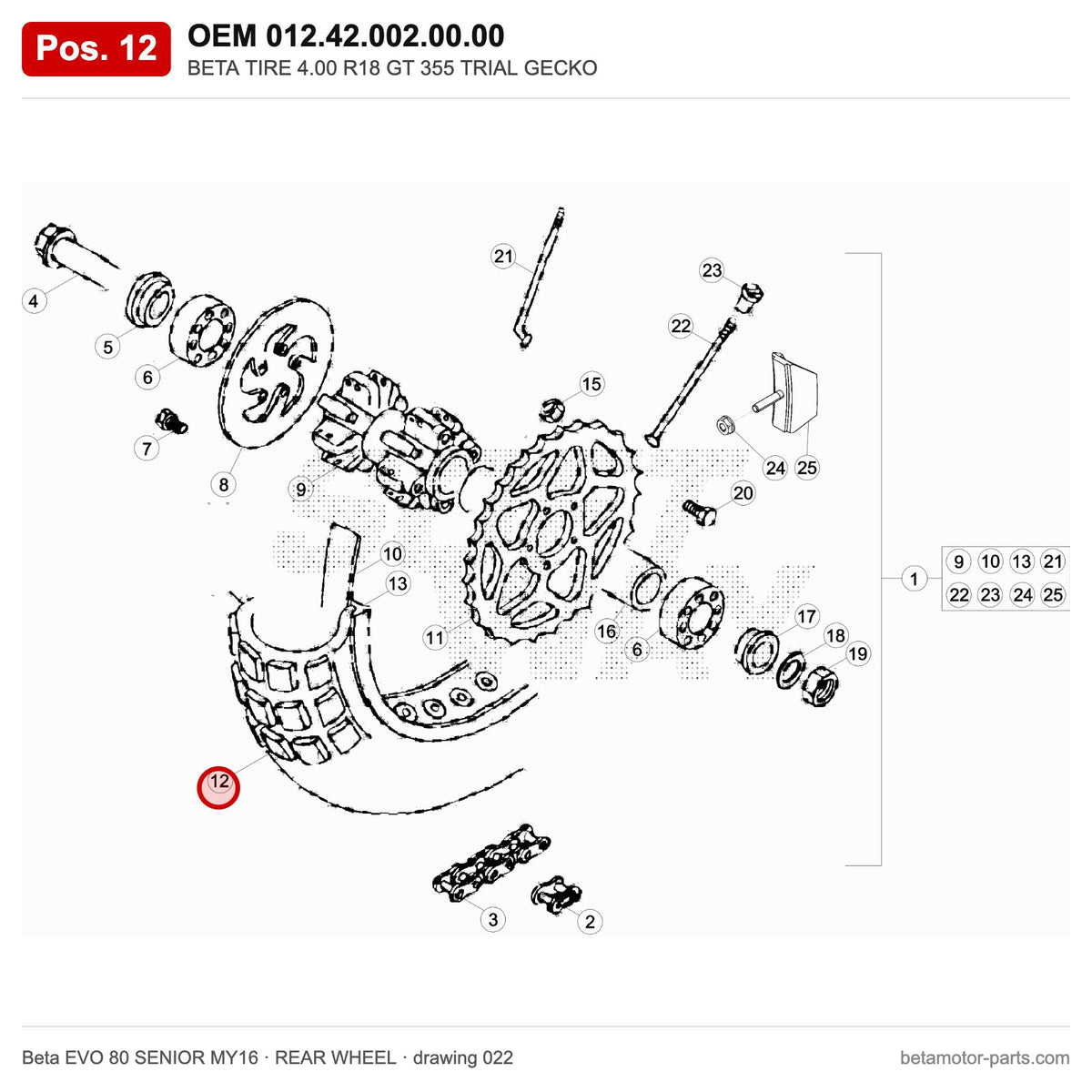 BETA TIRE 4.00 R18 GT 355 TRIAL GECKO – OEM 012.42.002.00.00, position 12 on the Beta EVO 80 SENIOR MY16 rear wheel drawing