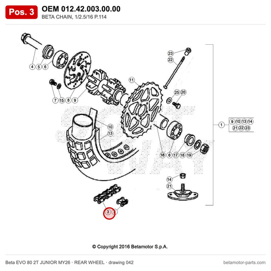 BETA CHAIN, 1/2.5/16 P.114 – OEM 012.42.003.00.00, position 3 on the Beta EVO 80 2T JUNIOR MY26 rear wheel drawing