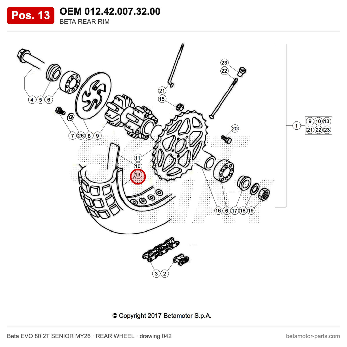 BETA REAR RIM – OEM 012.42.007.32.00, position 13 on the Beta EVO 80 2T SENIOR MY26 rear wheel drawing