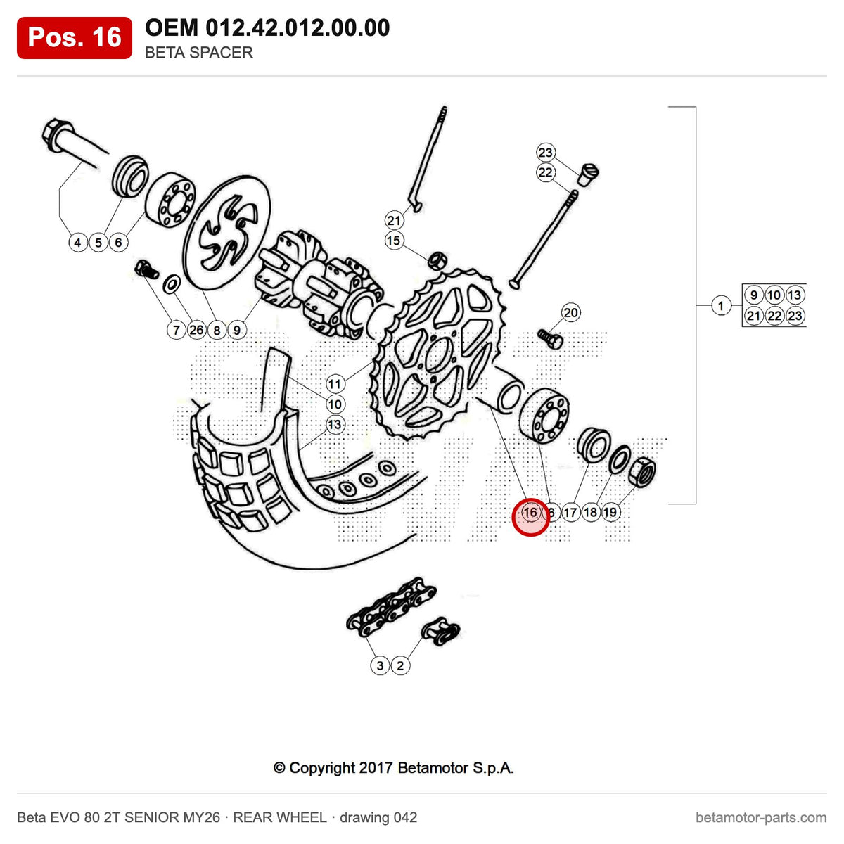 BETA SPACER – OEM 012.42.012.00.00, position 16 on the Beta EVO 80 2T SENIOR MY26 rear wheel drawing