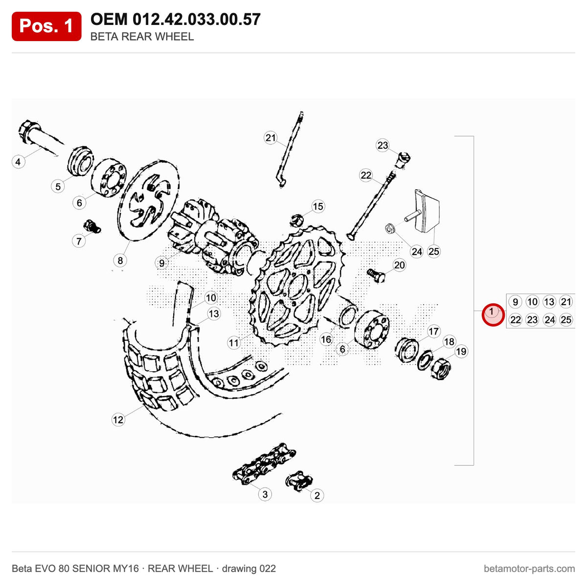 BETA REAR WHEEL – OEM 012.42.033.00.57, position 1 on the Beta EVO 80 SENIOR MY16 rear wheel drawing