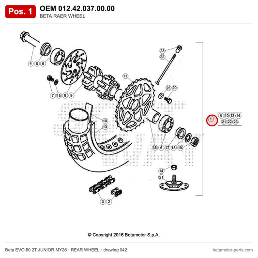 BETA RAER WHEEL – OEM 012.42.037.00.00, position 1 on the Beta EVO 80 2T JUNIOR MY26 rear wheel drawing