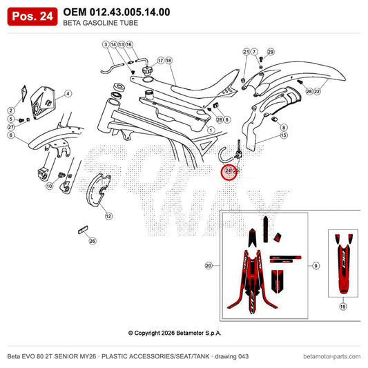 BETA GASOLINE TUBE – OEM 012.43.005.14.00, position 24 on the Beta EVO 80 2T SENIOR MY26 plastic accessories/seat/tank drawing