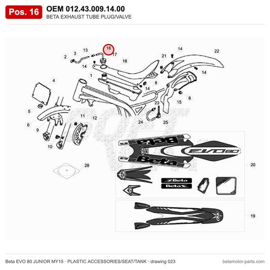 BETA EXHAUST TUBE PLUG/VALVE – OEM 012.43.009.14.00, position 16 on the Beta EVO 80 JUNIOR MY15 plastic accessories/seat/tank drawing