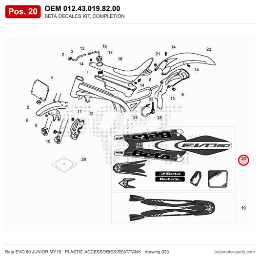 BETA DECALCS KIT, COMPLETION – OEM 012.43.019.82.00, position 20 on the Beta EVO 80 JUNIOR MY15 plastic accessories/seat/tank drawing