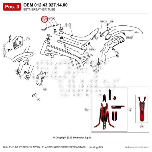BETA BREATHER TUBE – OEM 012.43.027.14.00, position 3 on the Beta EVO 80 2T SENIOR MY26 plastic accessories/seat/tank drawing