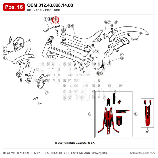 BETA BREATHER TUBE – OEM 012.43.028.14.00, position 16 on the Beta EVO 80 2T SENIOR MY26 plastic accessories/seat/tank drawing