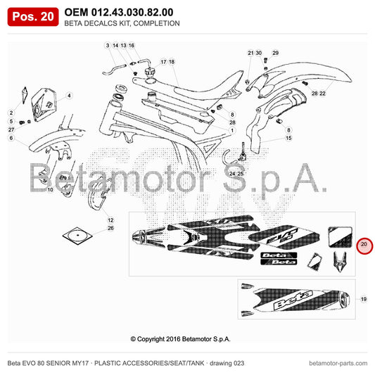 BETA DECALCS KIT, COMPLETION – OEM 012.43.030.82.00, position 20 on the Beta EVO 80 SENIOR MY17 plastic accessories/seat/tank drawing