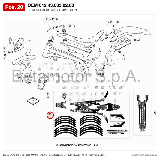 BETA DECALCS KIT, COMPLETION – OEM 012.43.033.82.00, position 20 on the Beta EVO 80 SENIOR MY18 plastic accessories/seat/tank drawing