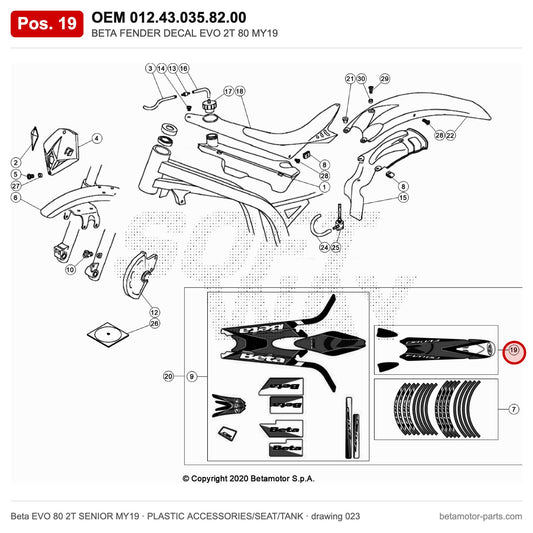 BETA FENDER DECAL EVO 2T 80 MY19 – OEM 012.43.035.82.00, position 19 on the Beta EVO 80 2T SENIOR MY19 plastic accessories/seat/tank drawing