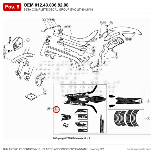 BETA COMPLETE DECAL GROUP EVO 2T 80 MY19 – OEM 012.43.036.82.00, position 9 on the Beta EVO 80 2T SENIOR MY19 plastic accessories/seat/tank drawing