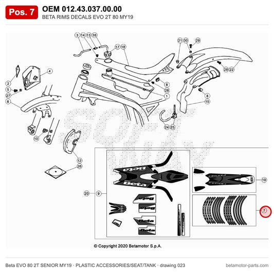 BETA RIMS DECALS EVO 2T 80 MY19 – OEM 012.43.037.00.00, position 7 on the Beta EVO 80 2T SENIOR MY19 plastic accessories/seat/tank drawing