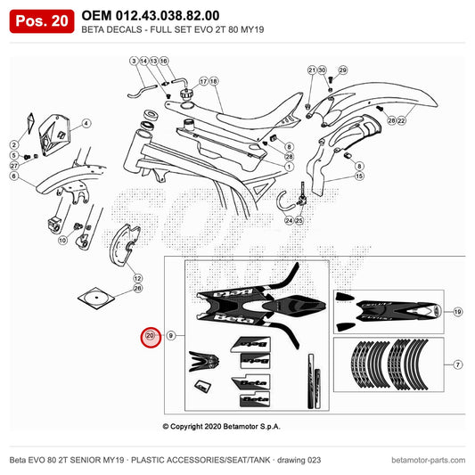 BETA DECALS - FULL SET EVO 2T 80 MY19 – OEM 012.43.038.82.00, position 20 on the Beta EVO 80 2T SENIOR MY19 plastic accessories/seat/tank drawing