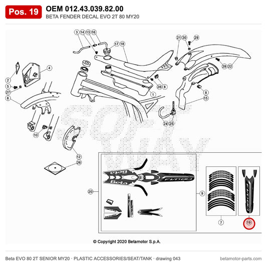 BETA FENDER DECAL EVO 2T 80 MY20 – OEM 012.43.039.82.00, position 19 on the Beta EVO 80 2T SENIOR MY20 plastic accessories/seat/tank drawing