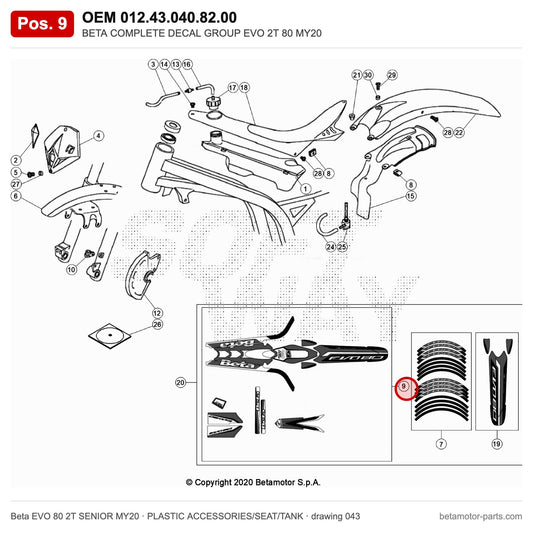 BETA COMPLETE DECAL GROUP EVO 2T 80 MY20 – OEM 012.43.040.82.00, position 9 on the Beta EVO 80 2T SENIOR MY20 plastic accessories/seat/tank drawing