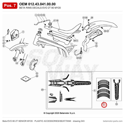 BETA RIMS DECALS EVO 2T 80 MY20 – OEM 012.43.041.00.00, position 7 on the Beta EVO 80 2T SENIOR MY20 plastic accessories/seat/tank drawing