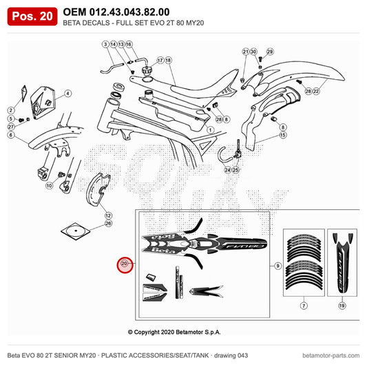 BETA DECALS - FULL SET EVO 2T 80 MY20 – OEM 012.43.043.82.00, position 20 on the Beta EVO 80 2T SENIOR MY20 plastic accessories/seat/tank drawing