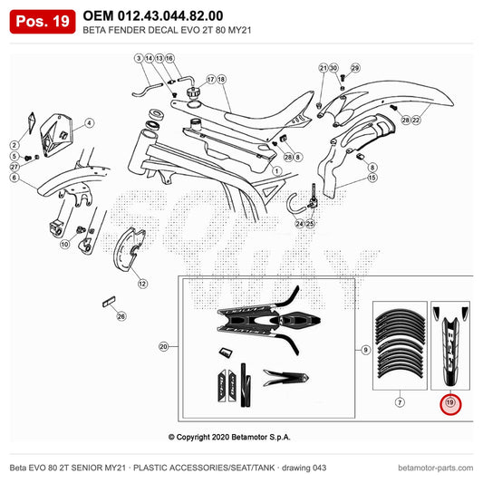 BETA FENDER DECAL EVO 2T 80 MY21 – OEM 012.43.044.82.00, position 19 on the Beta EVO 80 2T SENIOR MY21 plastic accessories/seat/tank drawing