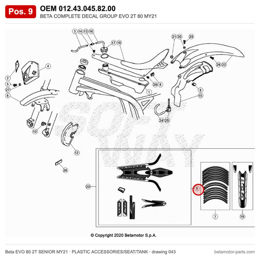 BETA COMPLETE DECAL GROUP EVO 2T 80 MY21 – OEM 012.43.045.82.00, position 9 on the Beta EVO 80 2T SENIOR MY21 plastic accessories/seat/tank drawing