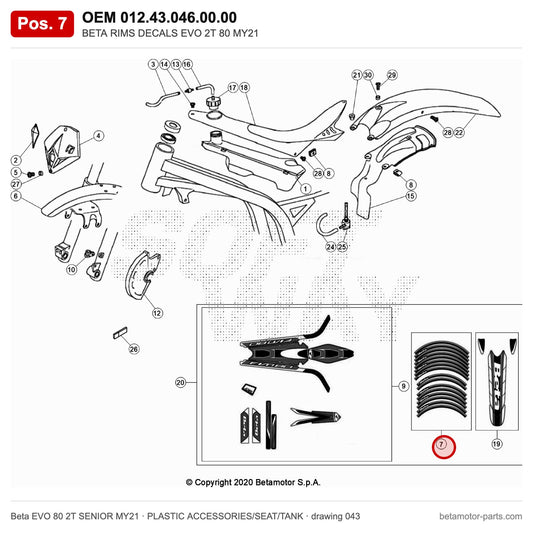 BETA RIMS DECALS EVO 2T 80 MY21 – OEM 012.43.046.00.00, position 7 on the Beta EVO 80 2T SENIOR MY21 plastic accessories/seat/tank drawing
