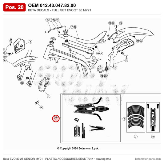 BETA DECALS - FULL SET EVO 2T 80 MY21 – OEM 012.43.047.82.00, position 20 on the Beta EVO 80 2T SENIOR MY21 plastic accessories/seat/tank drawing