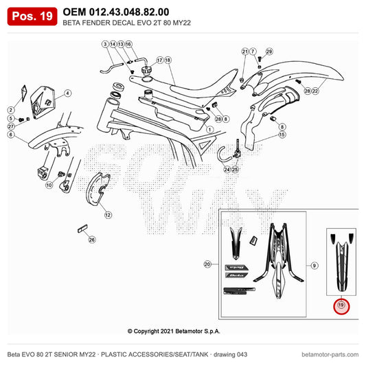 BETA FENDER DECAL EVO 2T 80 MY22 – OEM 012.43.048.82.00, position 19 on the Beta EVO 80 2T SENIOR MY22 plastic accessories/seat/tank drawing