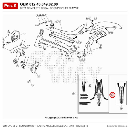 BETA COMPLETE DECAL GROUP EVO 2T 80 MY22 – OEM 012.43.049.82.00, position 9 on the Beta EVO 80 2T SENIOR MY22 plastic accessories/seat/tank drawing