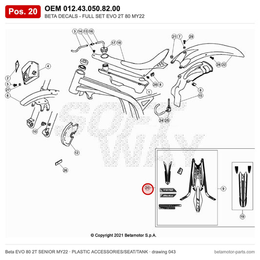 BETA DECALS - FULL SET EVO 2T 80 MY22 – OEM 012.43.050.82.00, position 20 on the Beta EVO 80 2T SENIOR MY22 plastic accessories/seat/tank drawing