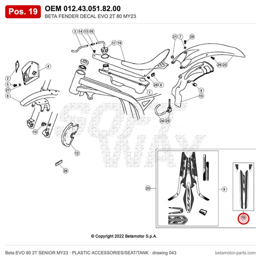 BETA FENDER DECAL EVO 2T 80 MY23 – OEM 012.43.051.82.00, position 19 on the Beta EVO 80 2T SENIOR MY23 plastic accessories/seat/tank drawing